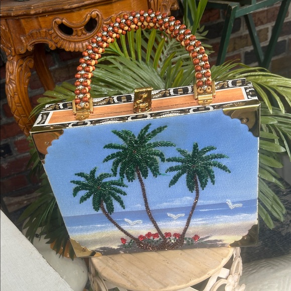 Vintage Handbags - Vintage Beaded Palm Tree Beach Scene Cigar Box Handbag
